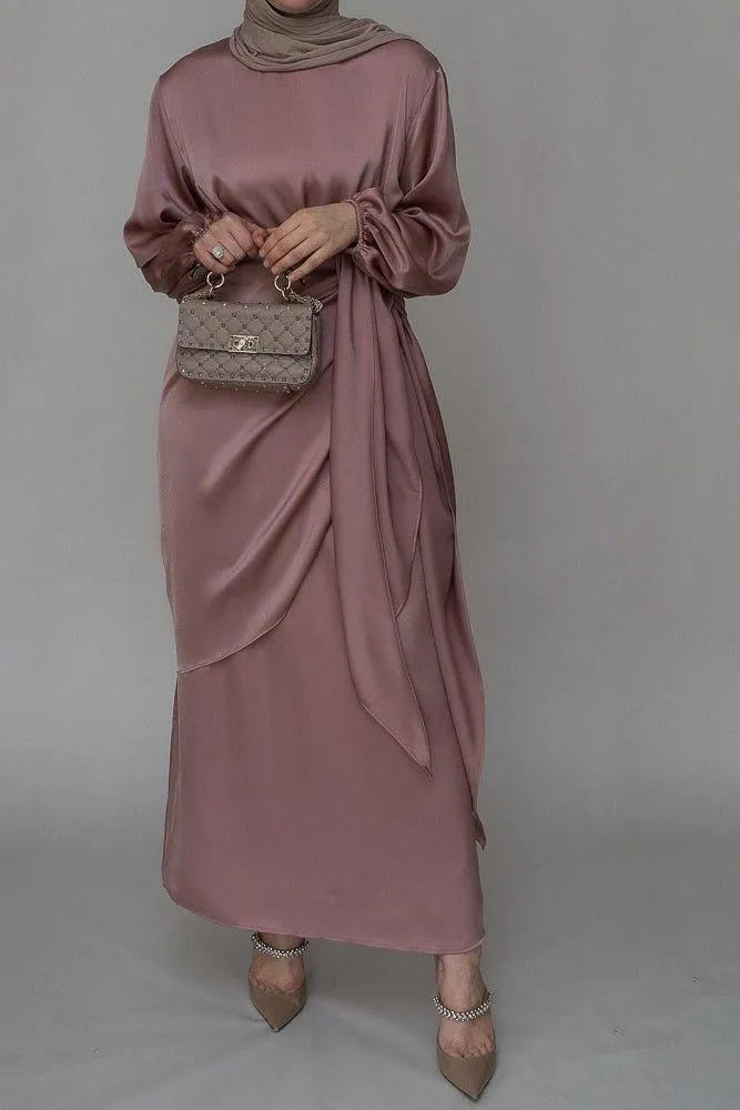 Ulaa maxi abaya dress with detached apron elasticated sleeve like tie waist piece in satin pink