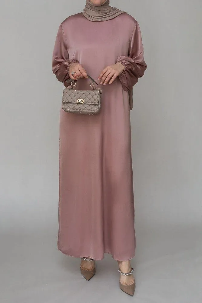 Ulaa maxi abaya dress with detached apron elasticated sleeve like tie waist piece in satin pink