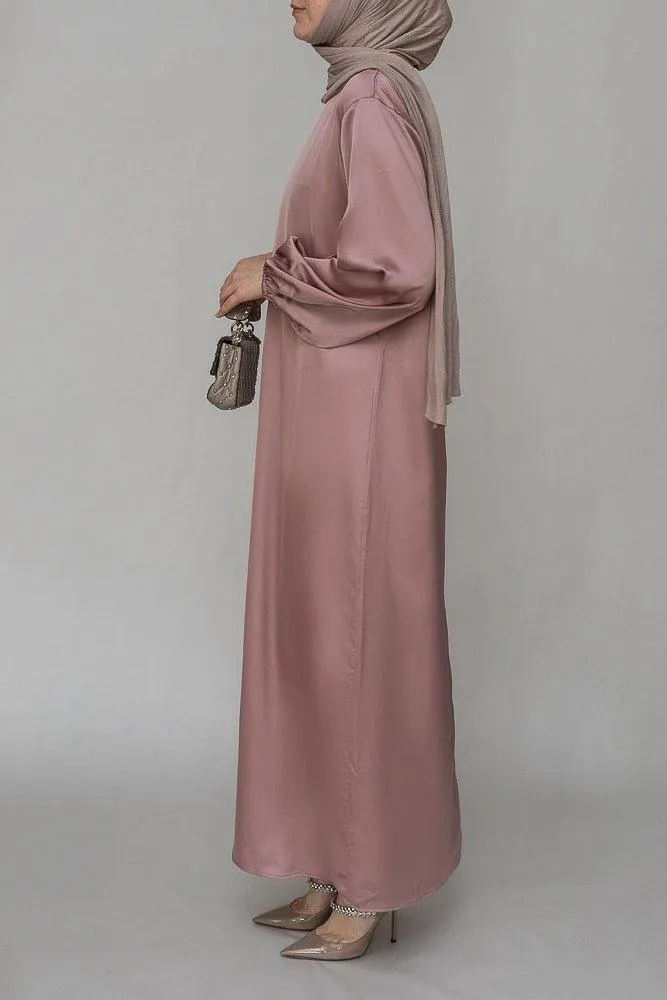 Ulaa maxi abaya dress with detached apron elasticated sleeve like tie waist piece in satin pink