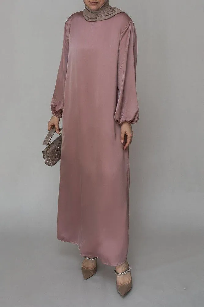 Ulaa maxi abaya dress with detached apron elasticated sleeve like tie waist piece in satin pink