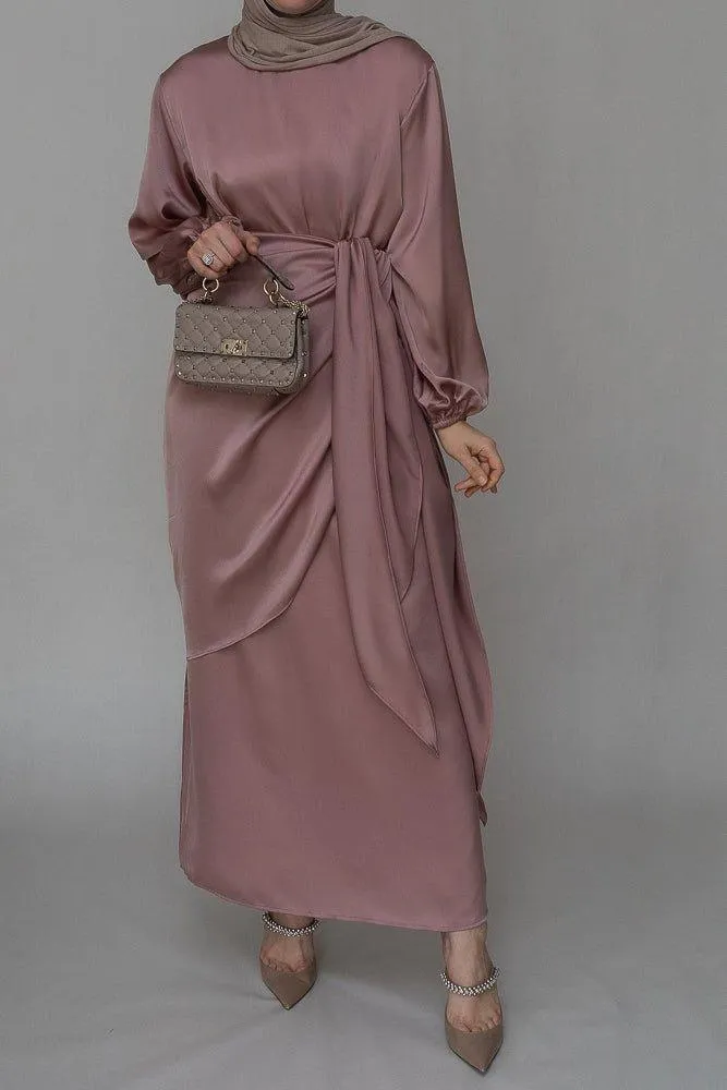 Ulaa maxi abaya dress with detached apron elasticated sleeve like tie waist piece in satin pink