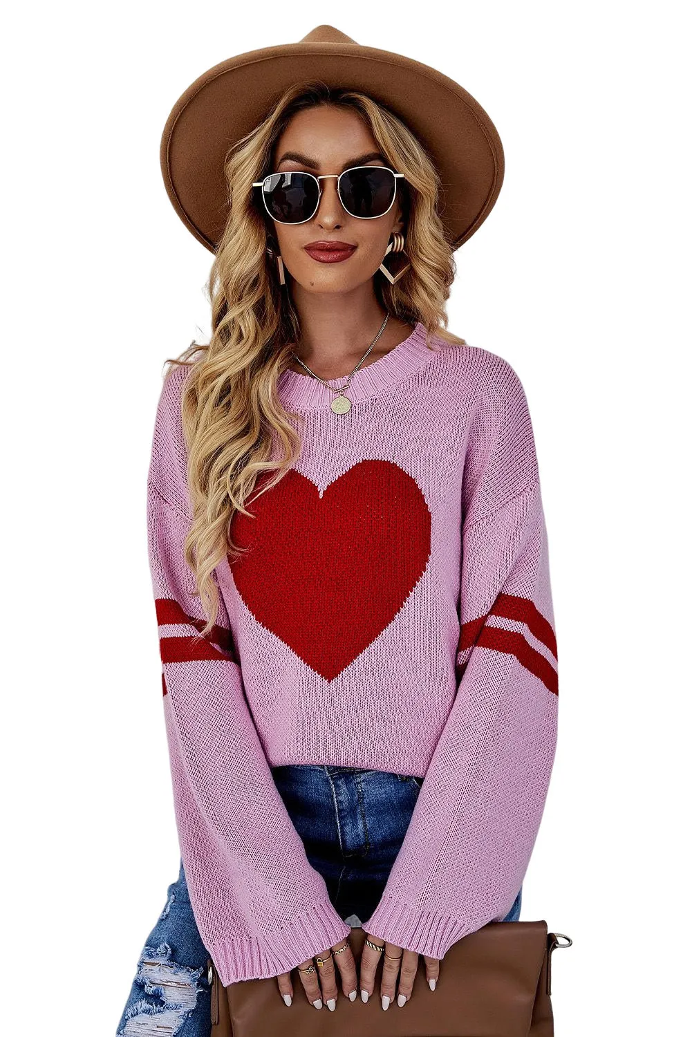 Valentine's Day Tops for Women Heart Graphic Wide Sleeves Sweater