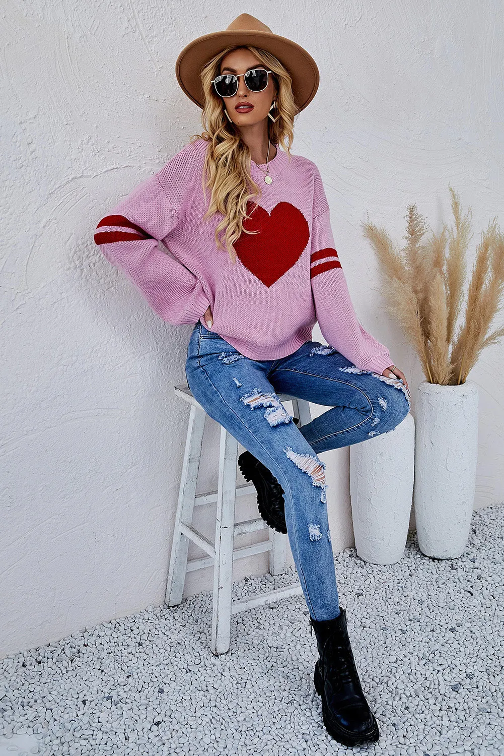 Valentine's Day Tops for Women Heart Graphic Wide Sleeves Sweater