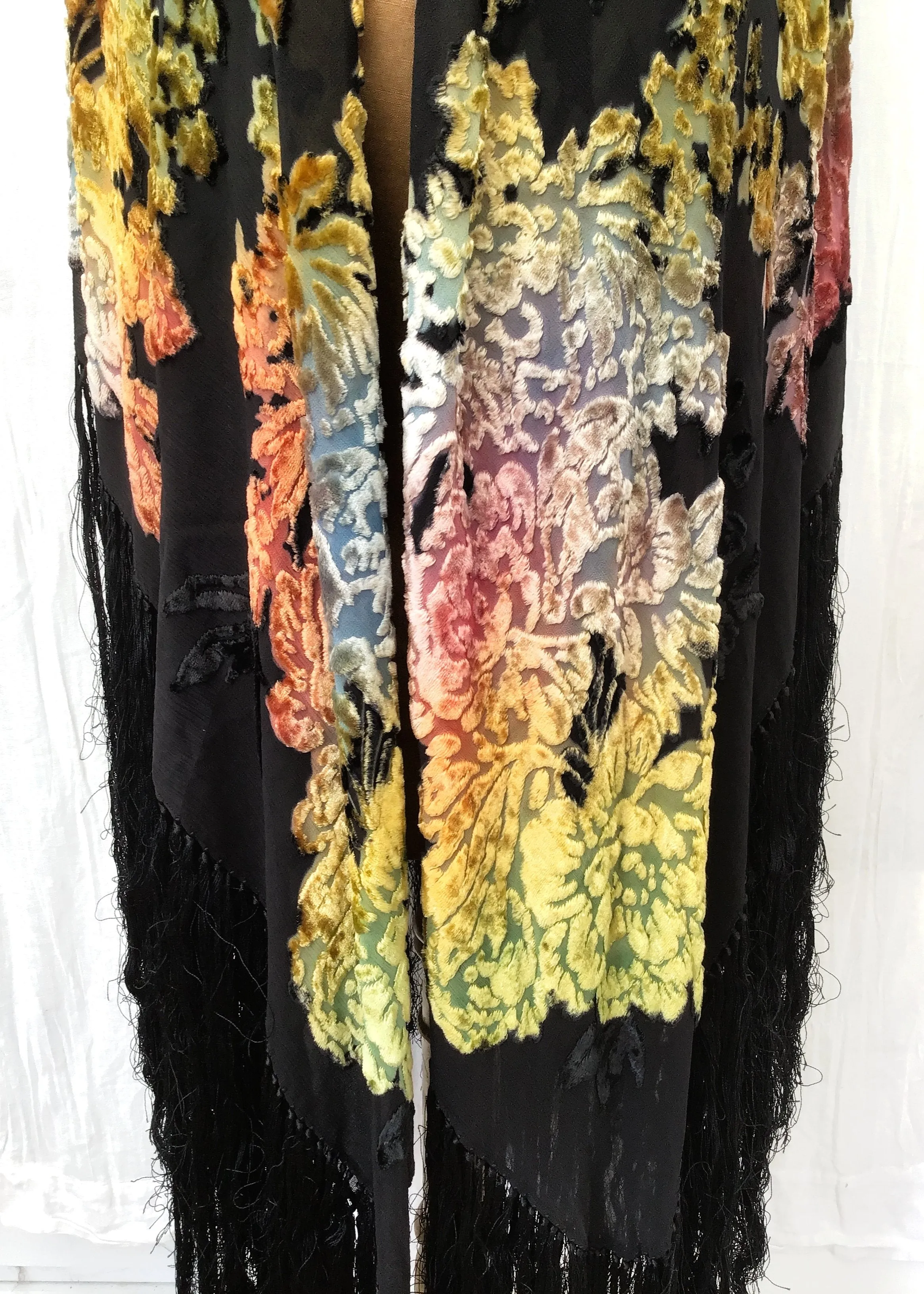 Vintage Devoré Silk Velvet Ombre Piano Shawl • Deep Tied Fringe