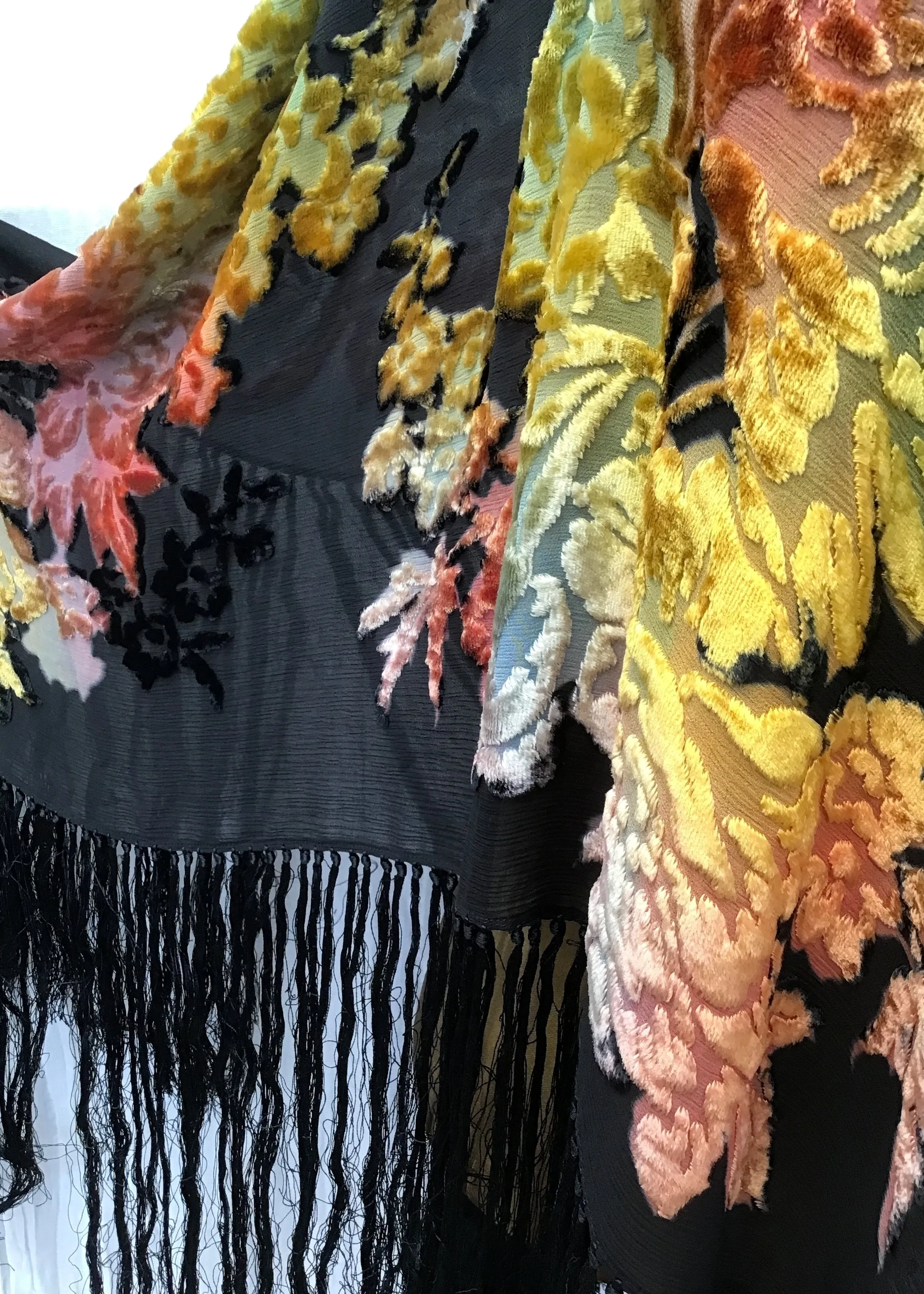 Vintage Devoré Silk Velvet Ombre Piano Shawl • Deep Tied Fringe