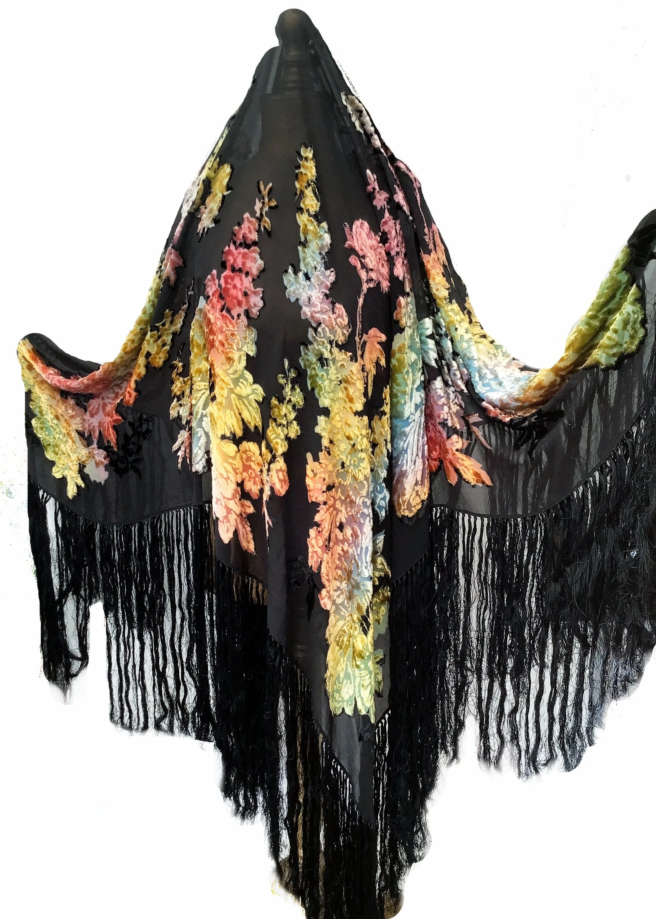 Vintage Devoré Silk Velvet Ombre Piano Shawl • Deep Tied Fringe