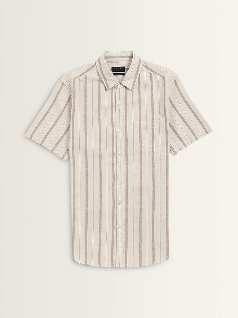 WES Casuals Beige Striped Slim-Fit Shirt