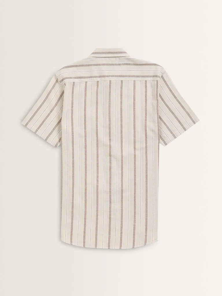 WES Casuals Beige Striped Slim-Fit Shirt