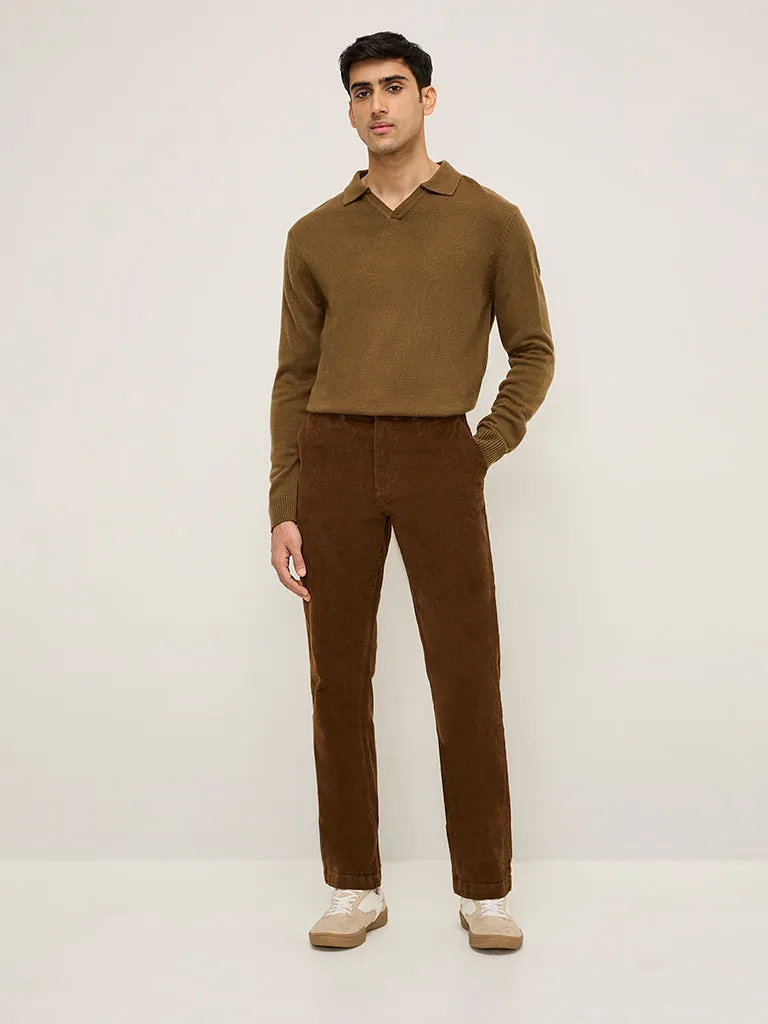 WES Casuals Brown Relaxed-Fit Mid-Rise Cotton Blend Chinos