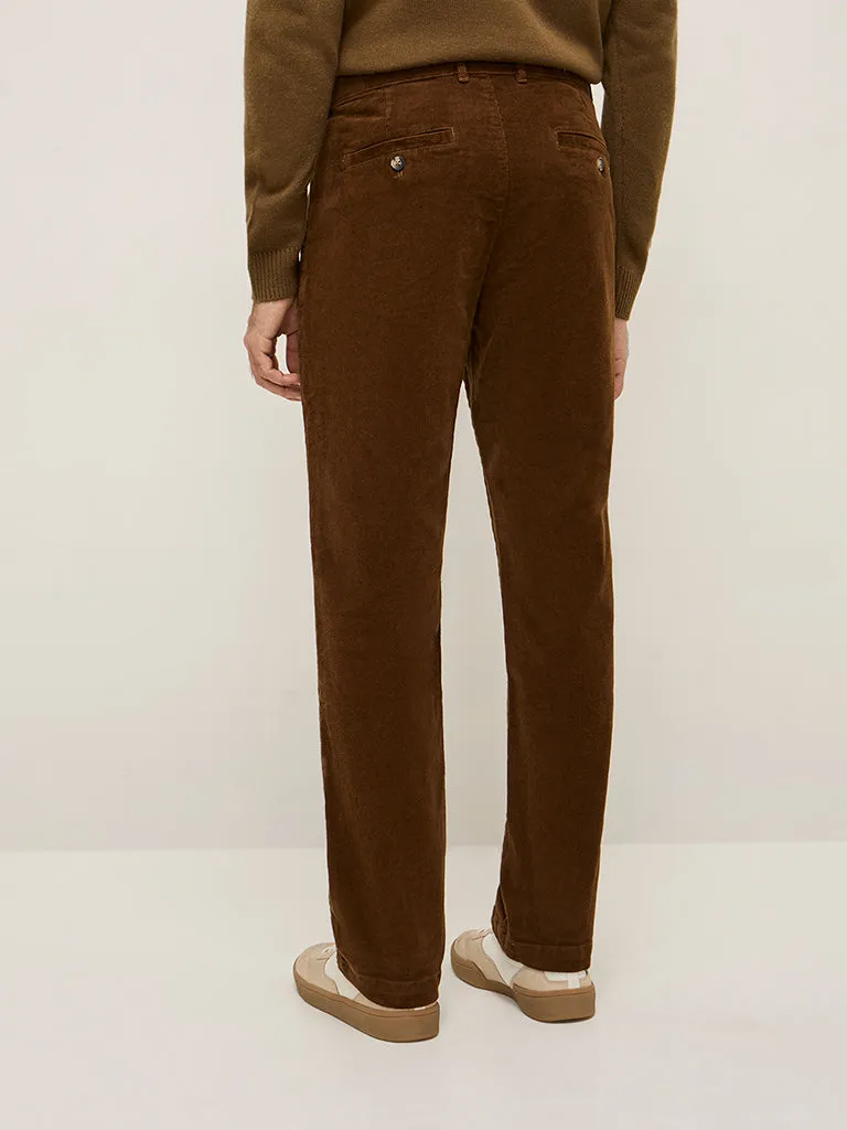 WES Casuals Brown Relaxed-Fit Mid-Rise Cotton Blend Chinos