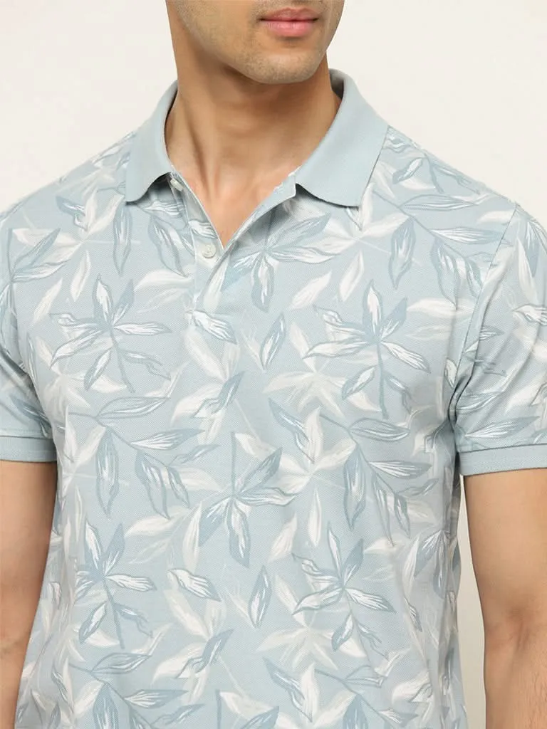 WES Casuals Light Blue Floral Printed Slim Fit Polo T-Shirt