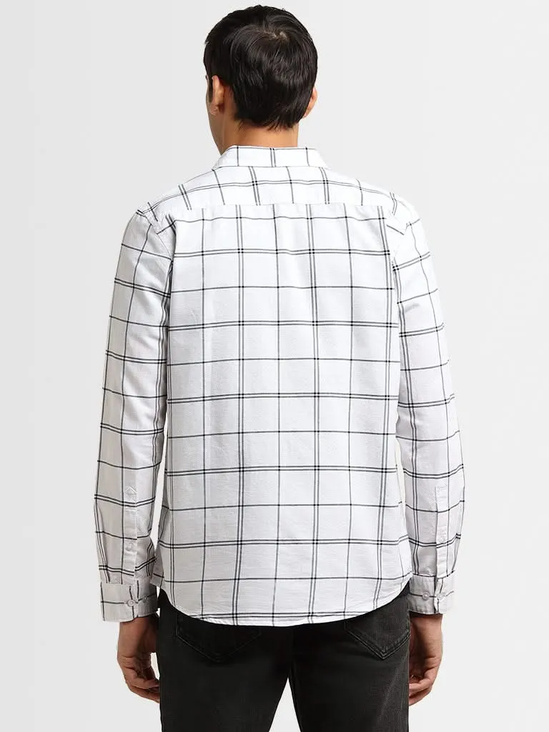 WES Casuals White Checkered Print Cotton Slim Fit Shirt