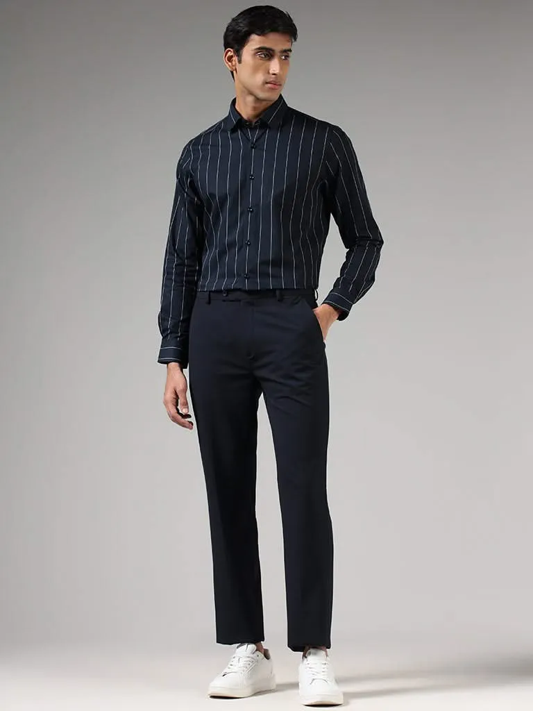 WES Formals Navy Striped Cotton Slim-Fit Shirt