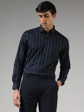 WES Formals Navy Striped Cotton Slim-Fit Shirt