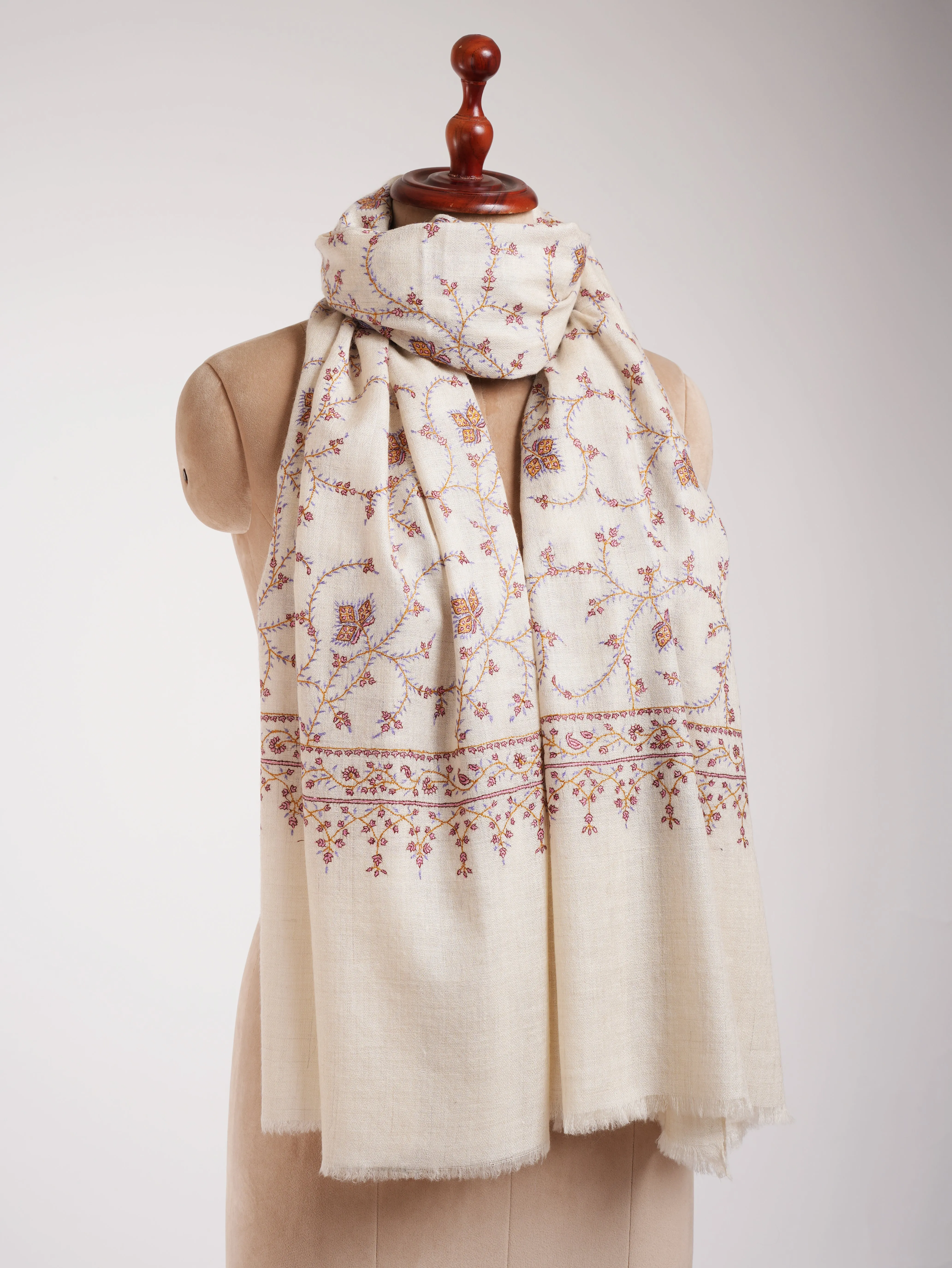 White Collection Sozni Embroidered Indian Pashmina Shawl