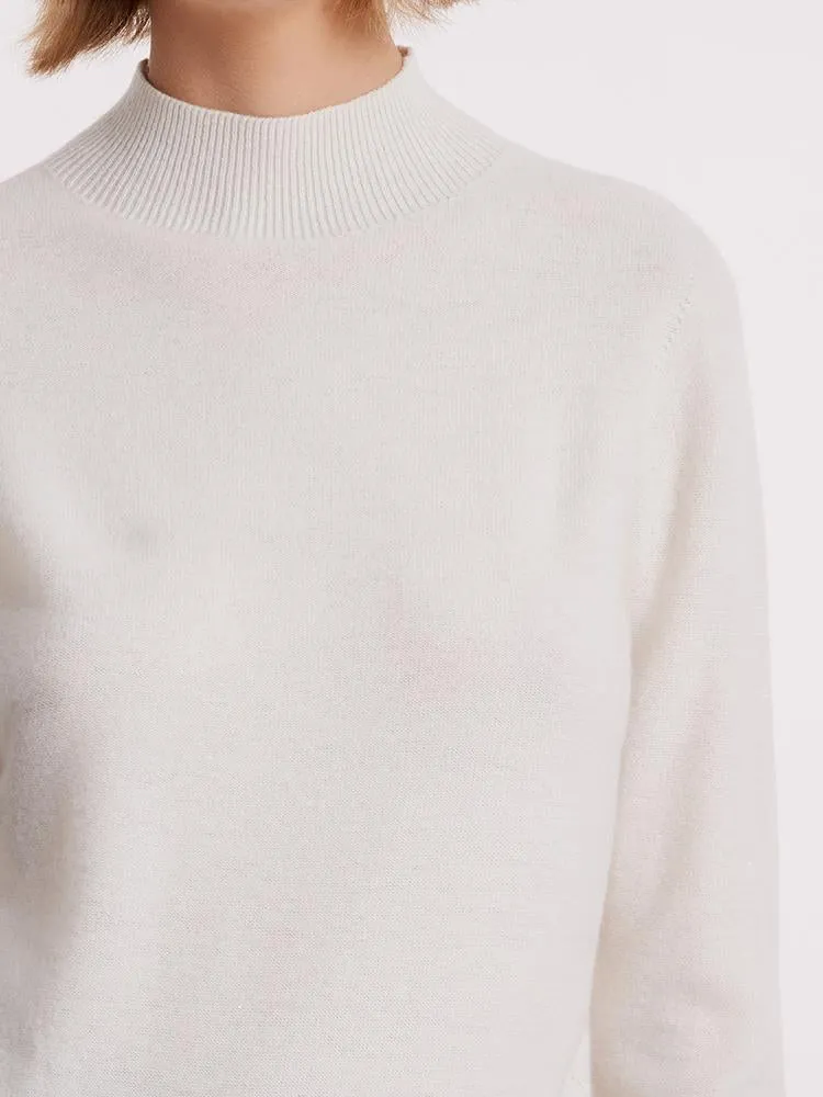 White Wool Sequins Seamless Mock Neck Women Sweater