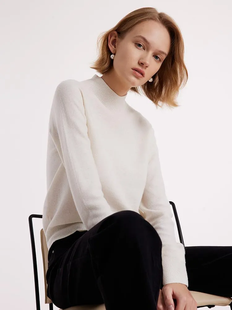 White Wool Sequins Seamless Mock Neck Women Sweater