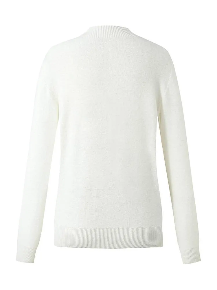 White Wool Sequins Seamless Mock Neck Women Sweater