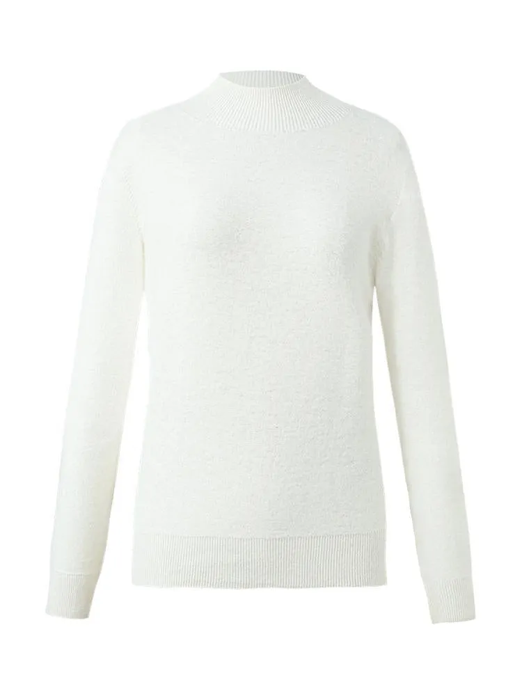 White Wool Sequins Seamless Mock Neck Women Sweater