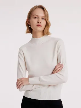 White Wool Sequins Seamless Mock Neck Women Sweater