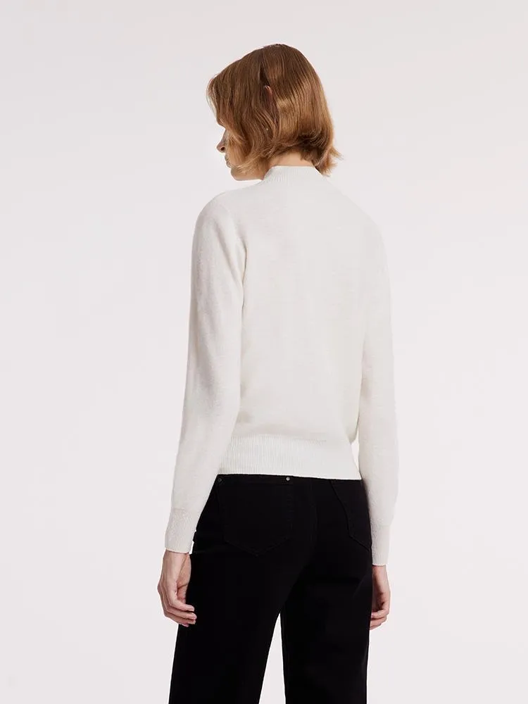 White Wool Sequins Seamless Mock Neck Women Sweater