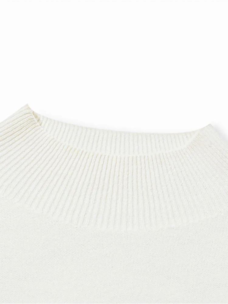 White Wool Sequins Seamless Mock Neck Women Sweater