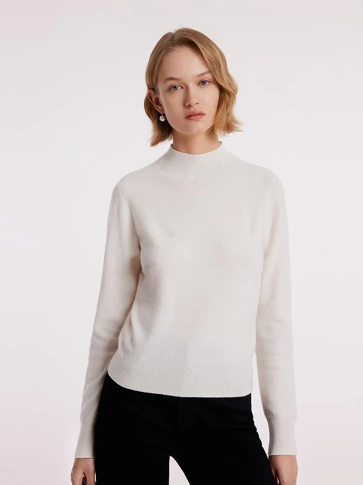 White Wool Sequins Seamless Mock Neck Women Sweater