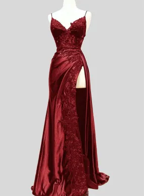 Wine Red Satin with Lace Straps Long Prom Dress with Slit, Wine Red Evening Dress