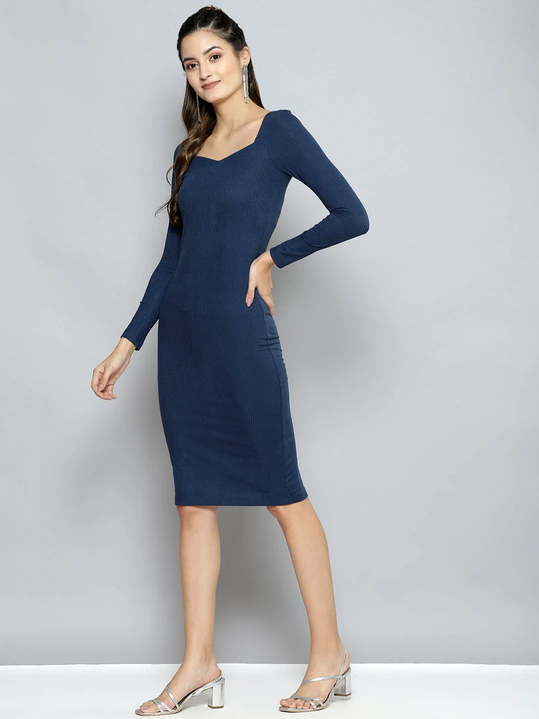 Women Blue Rib Sweetheart Neck Bodycon Midi Dress