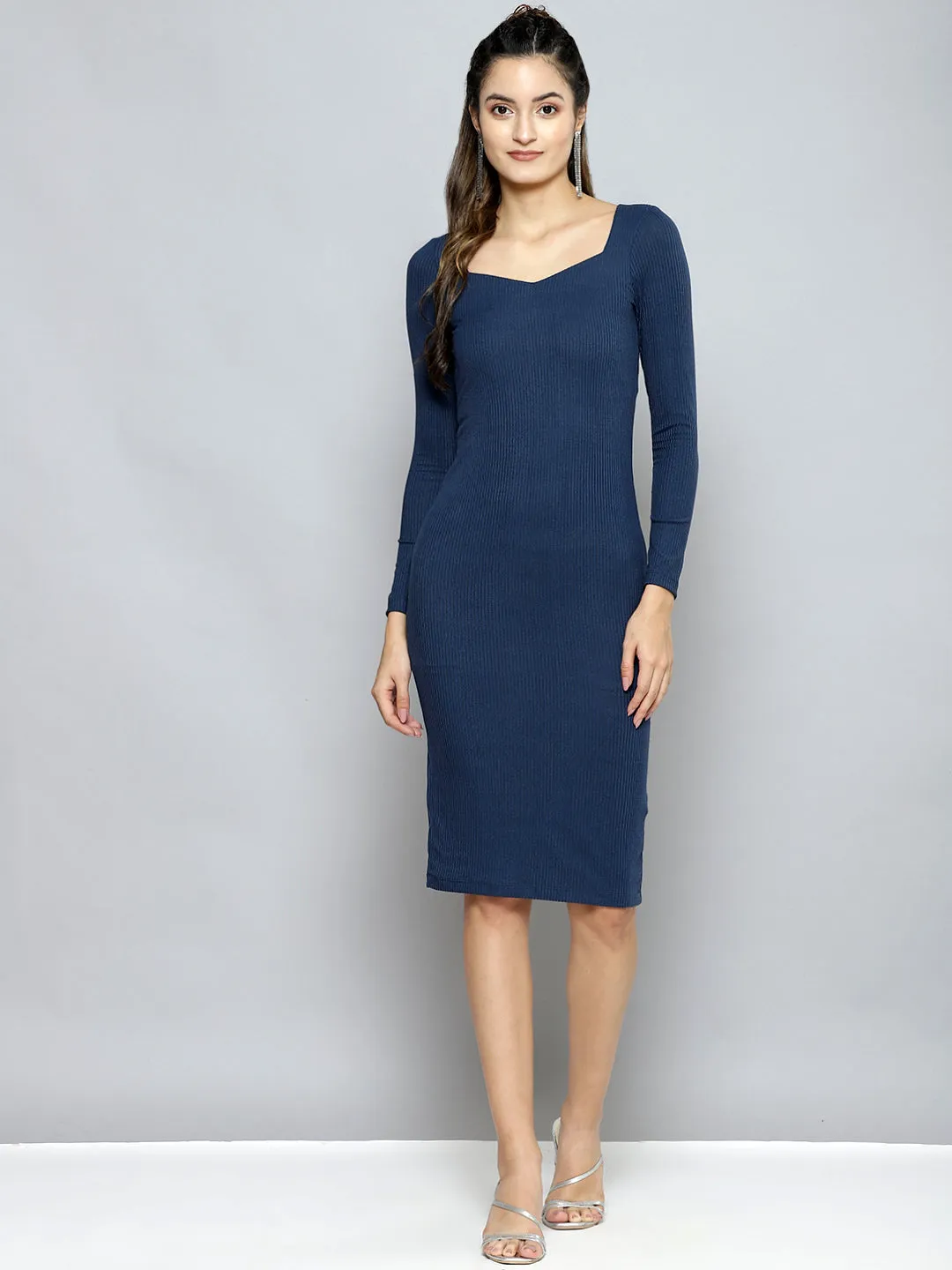 Women Blue Rib Sweetheart Neck Bodycon Midi Dress