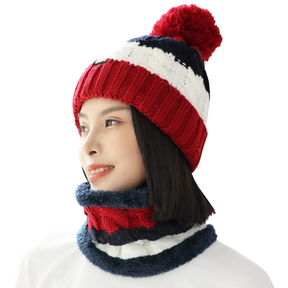 Women Knitted Hat Scarf Set Winter Warm Thicken Pom Pom Knitted Beanie Hat Fleece Lining Fashion Outdoor Cycling Windproof Knit Earmuff Cap Scarves