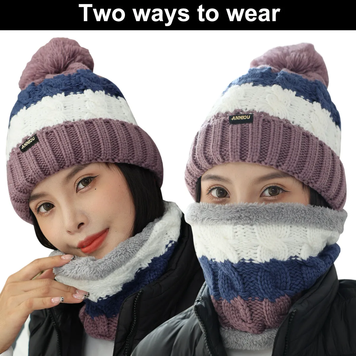 Women Knitted Hat Scarf Set Winter Warm Thicken Pom Pom Knitted Beanie Hat Fleece Lining Fashion Outdoor Cycling Windproof Knit Earmuff Cap Scarves