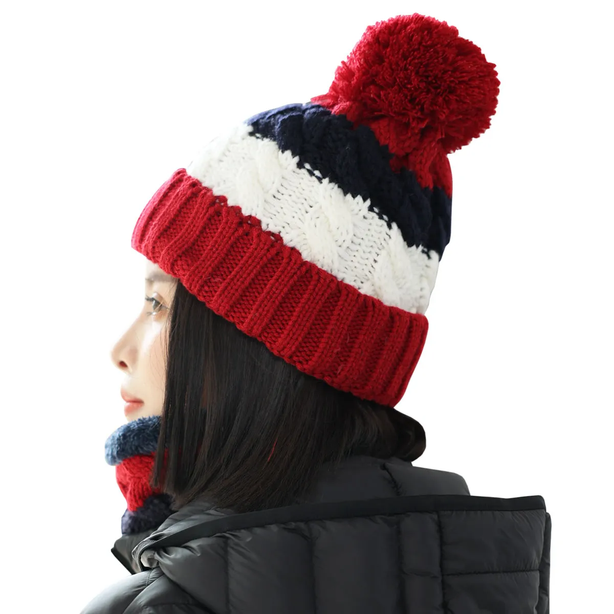 Women Knitted Hat Scarf Set Winter Warm Thicken Pom Pom Knitted Beanie Hat Fleece Lining Fashion Outdoor Cycling Windproof Knit Earmuff Cap Scarves