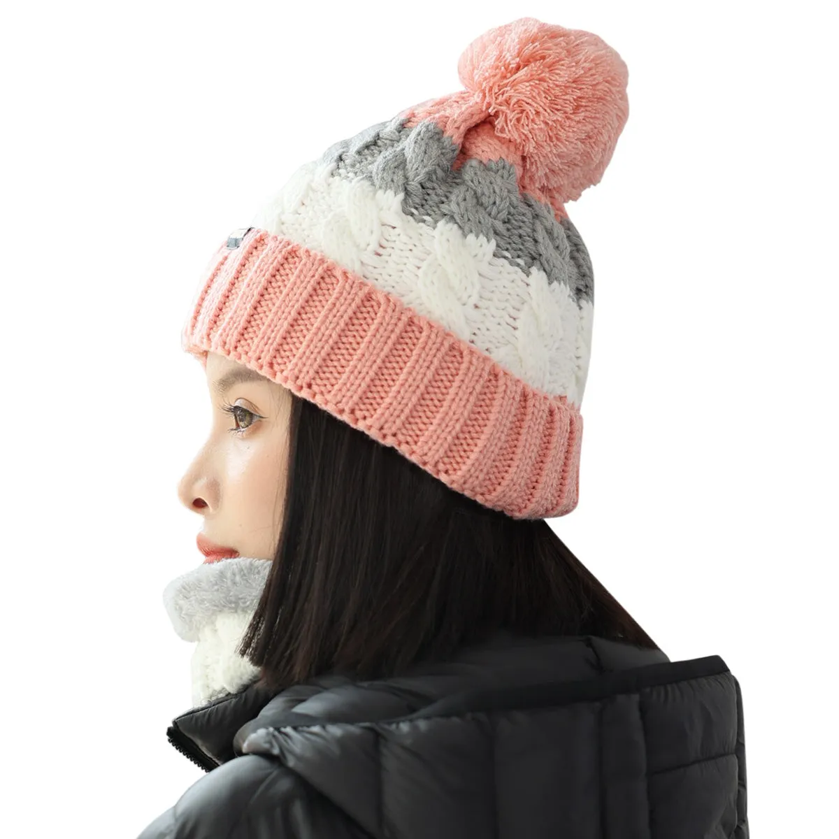 Women Knitted Hat Scarf Set Winter Warm Thicken Pom Pom Knitted Beanie Hat Fleece Lining Fashion Outdoor Cycling Windproof Knit Earmuff Cap Scarves