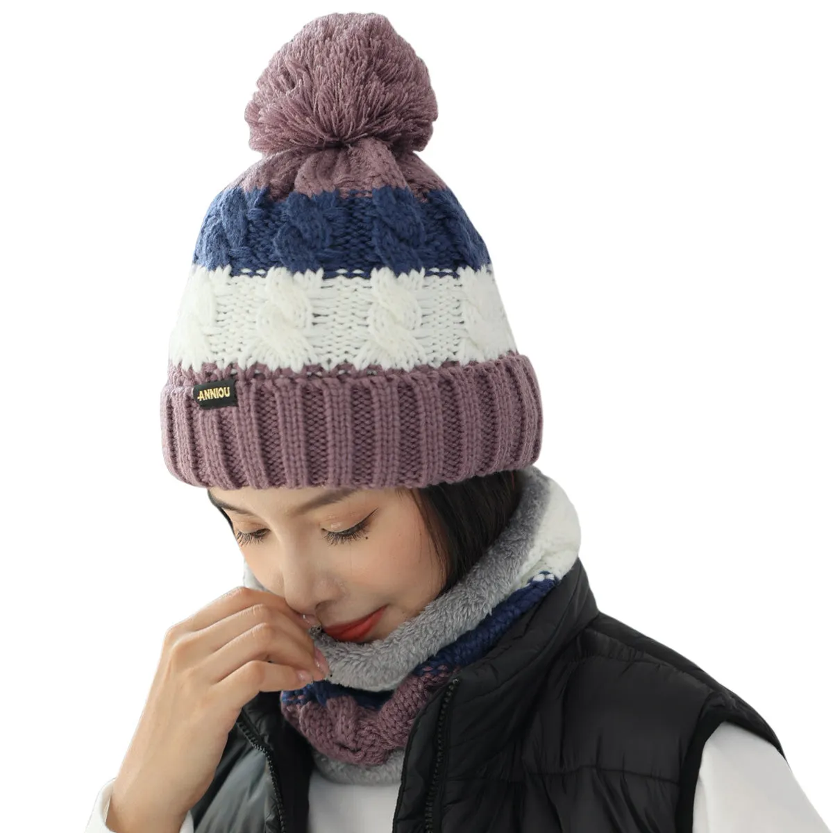 Women Knitted Hat Scarf Set Winter Warm Thicken Pom Pom Knitted Beanie Hat Fleece Lining Fashion Outdoor Cycling Windproof Knit Earmuff Cap Scarves