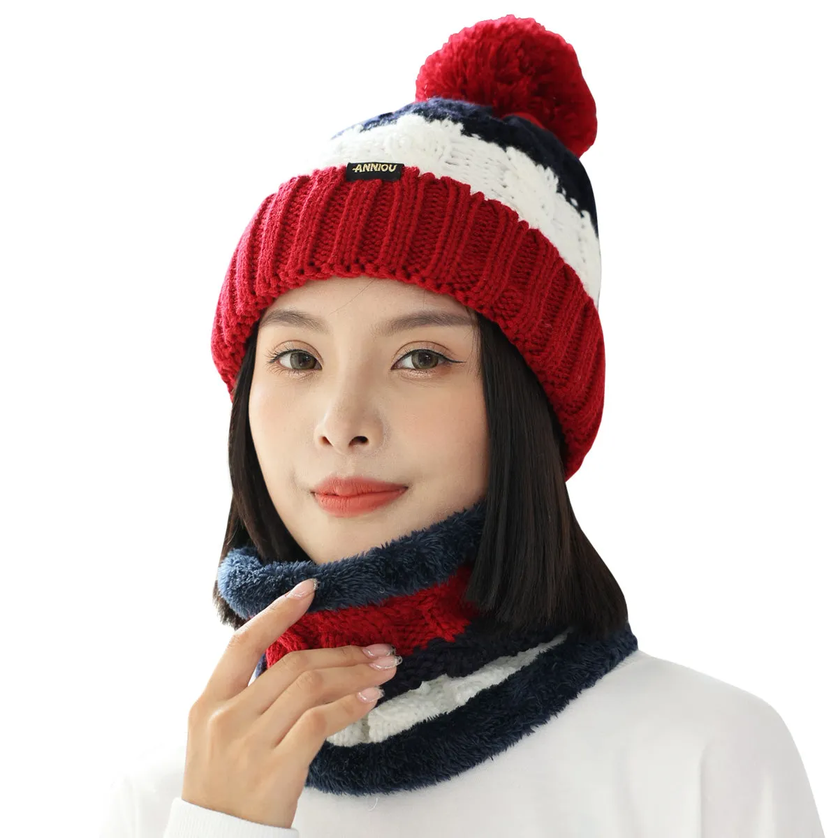 Women Knitted Hat Scarf Set Winter Warm Thicken Pom Pom Knitted Beanie Hat Fleece Lining Fashion Outdoor Cycling Windproof Knit Earmuff Cap Scarves