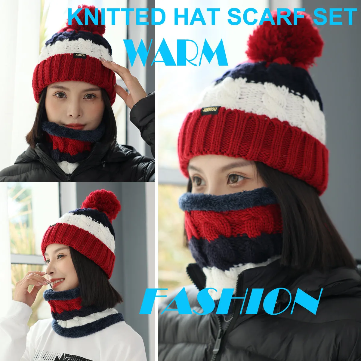 Women Knitted Hat Scarf Set Winter Warm Thicken Pom Pom Knitted Beanie Hat Fleece Lining Fashion Outdoor Cycling Windproof Knit Earmuff Cap Scarves