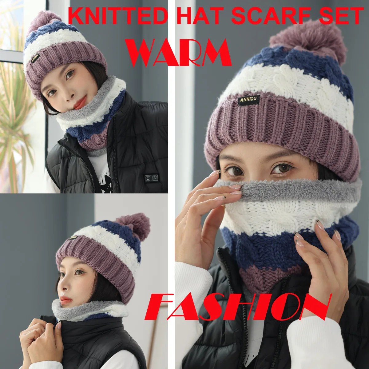 Women Knitted Hat Scarf Set Winter Warm Thicken Pom Pom Knitted Beanie Hat Fleece Lining Fashion Outdoor Cycling Windproof Knit Earmuff Cap Scarves