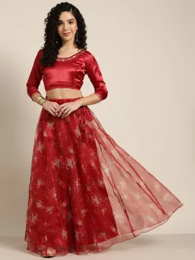 Women Maroon Organza Crop Top With Anarkali Skirt