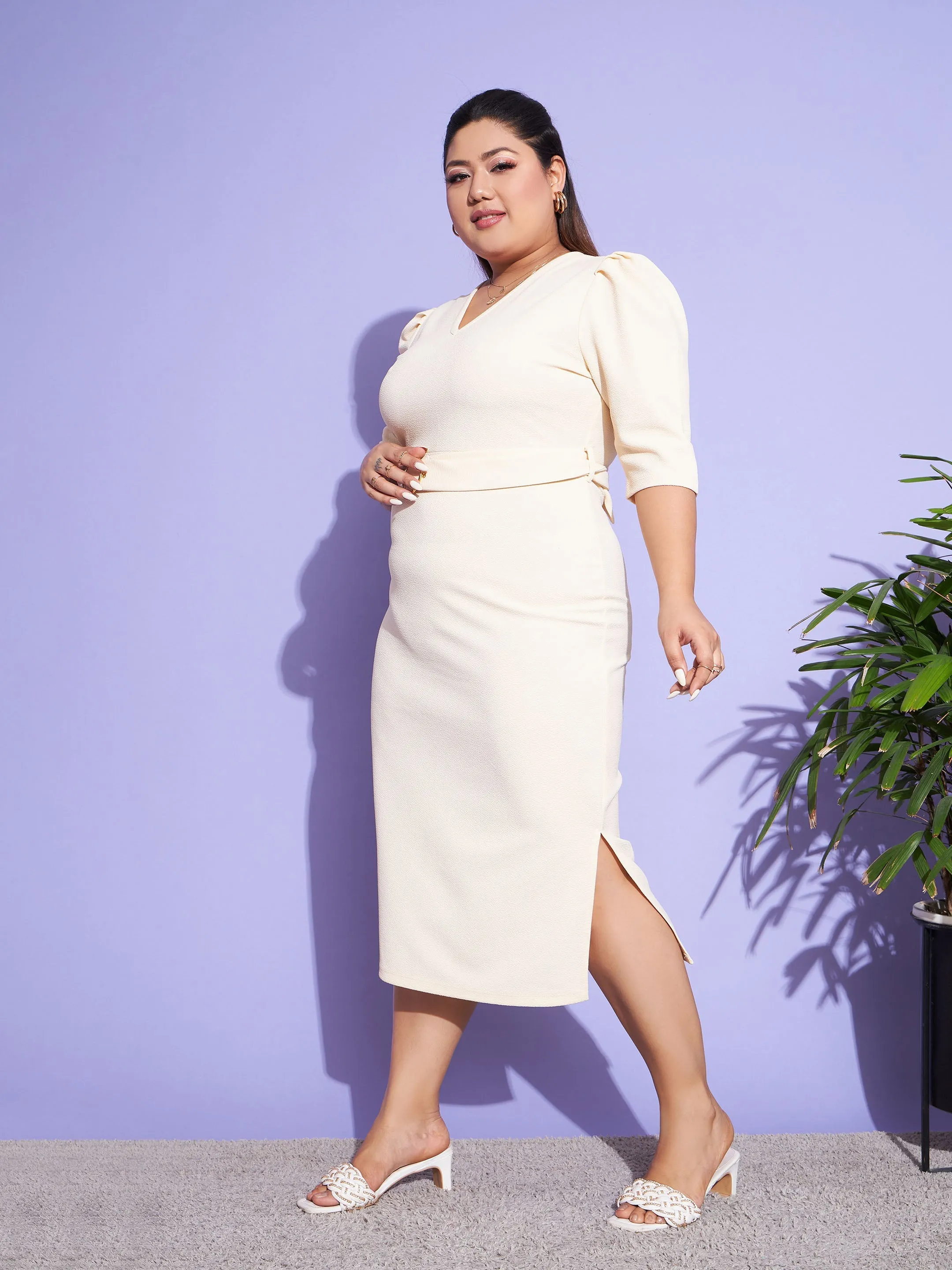 Women Off White Belted Bodycon Dress