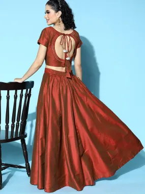 Women Rust Mirror Emb Crop Top With Anarkali Skirt