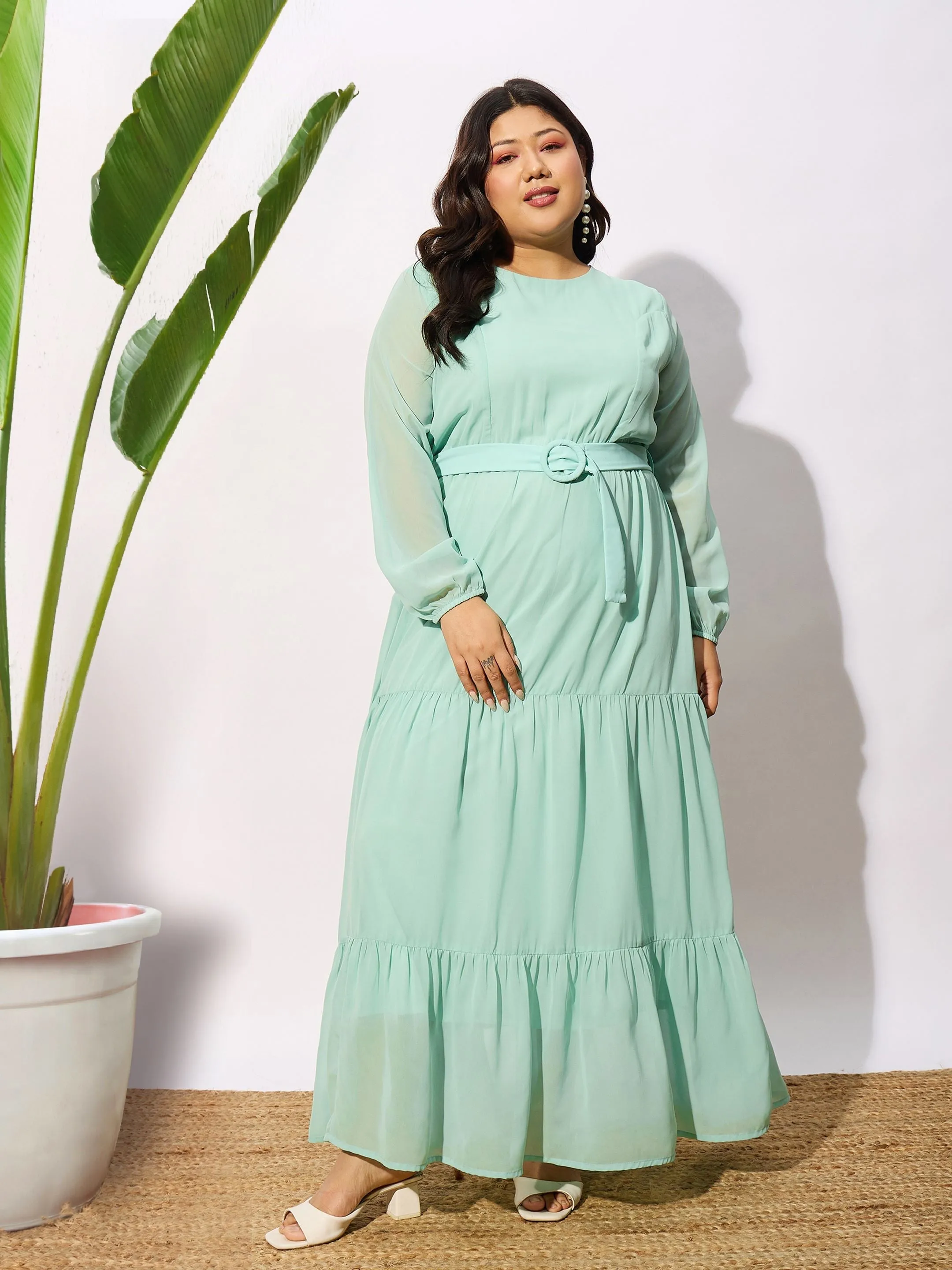 Women Sea Green Tiered Maxi Dress