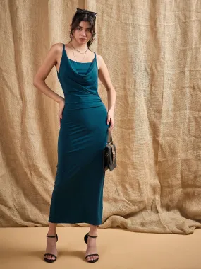 Women Teal Cowl Neck Bodycon Maxi Dress