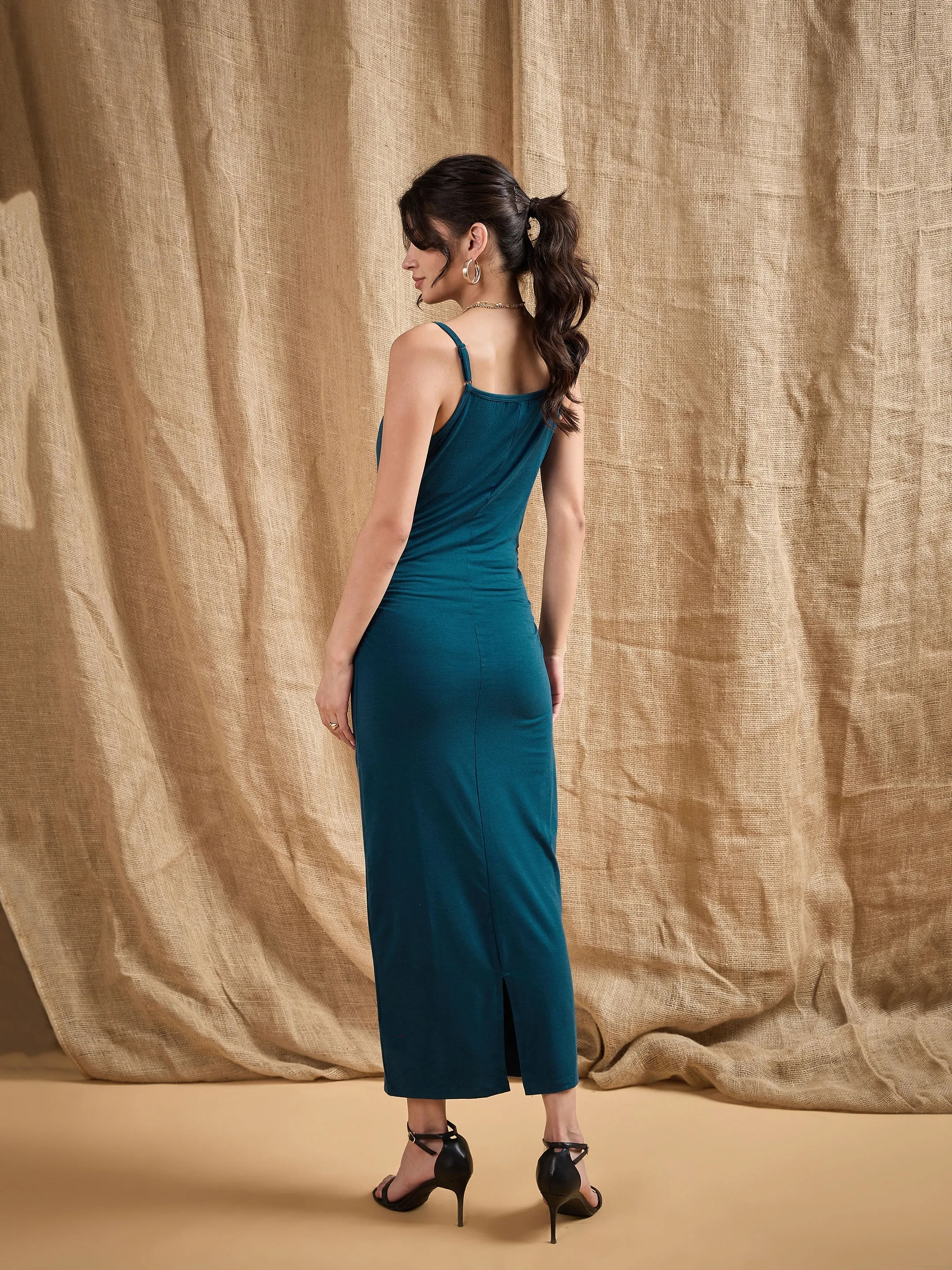 Women Teal Cowl Neck Bodycon Maxi Dress