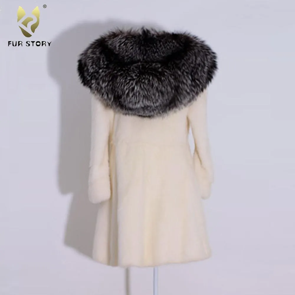 Women's Genuine Mink Fur Coat Women Big Fox Hood with Fox Hem jacket 16175