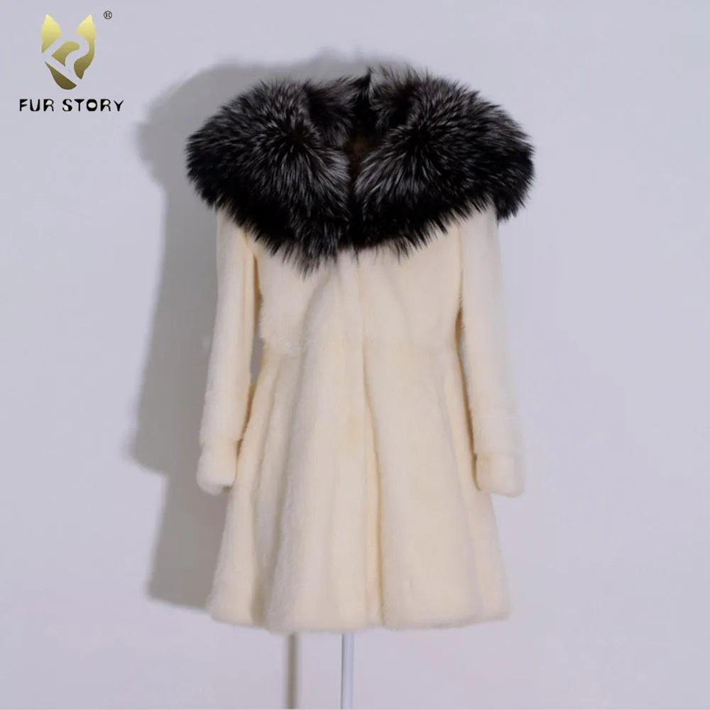 Women's Genuine Mink Fur Coat Women Big Fox Hood with Fox Hem jacket 16175