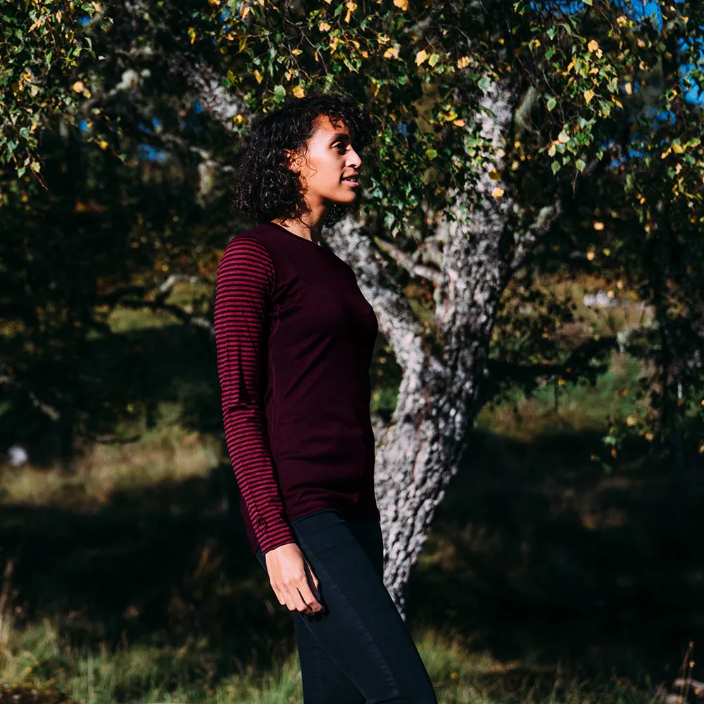 Womens Merino 180 Long Sleeve Crew (Stripe Wine/Fuchsia)