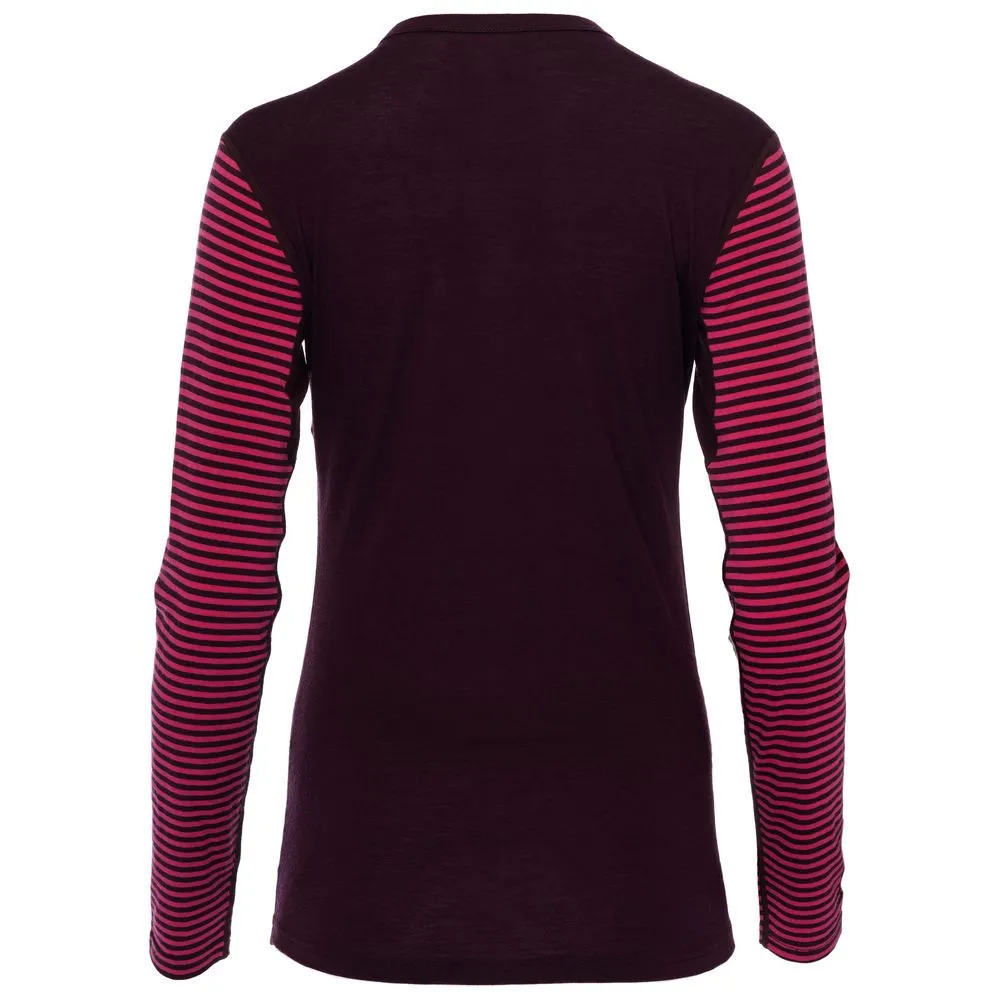 Womens Merino 180 Long Sleeve Crew (Stripe Wine/Fuchsia)