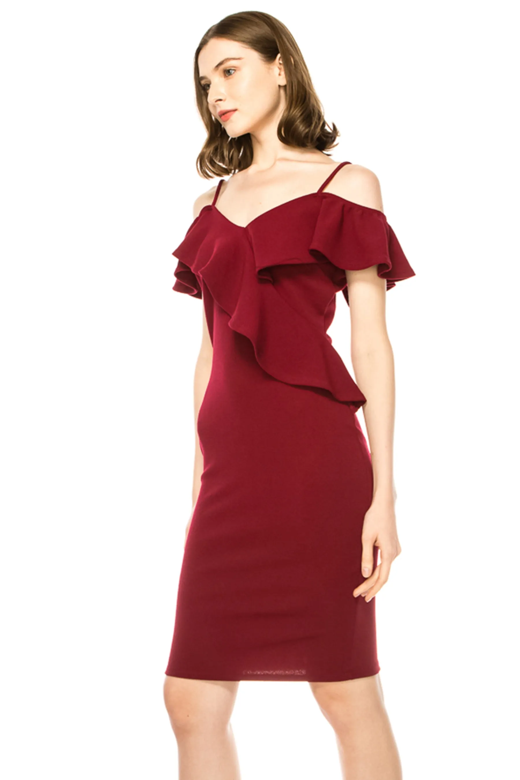 Women's Off Shoulder Ruffle Accent Bodycon Dress