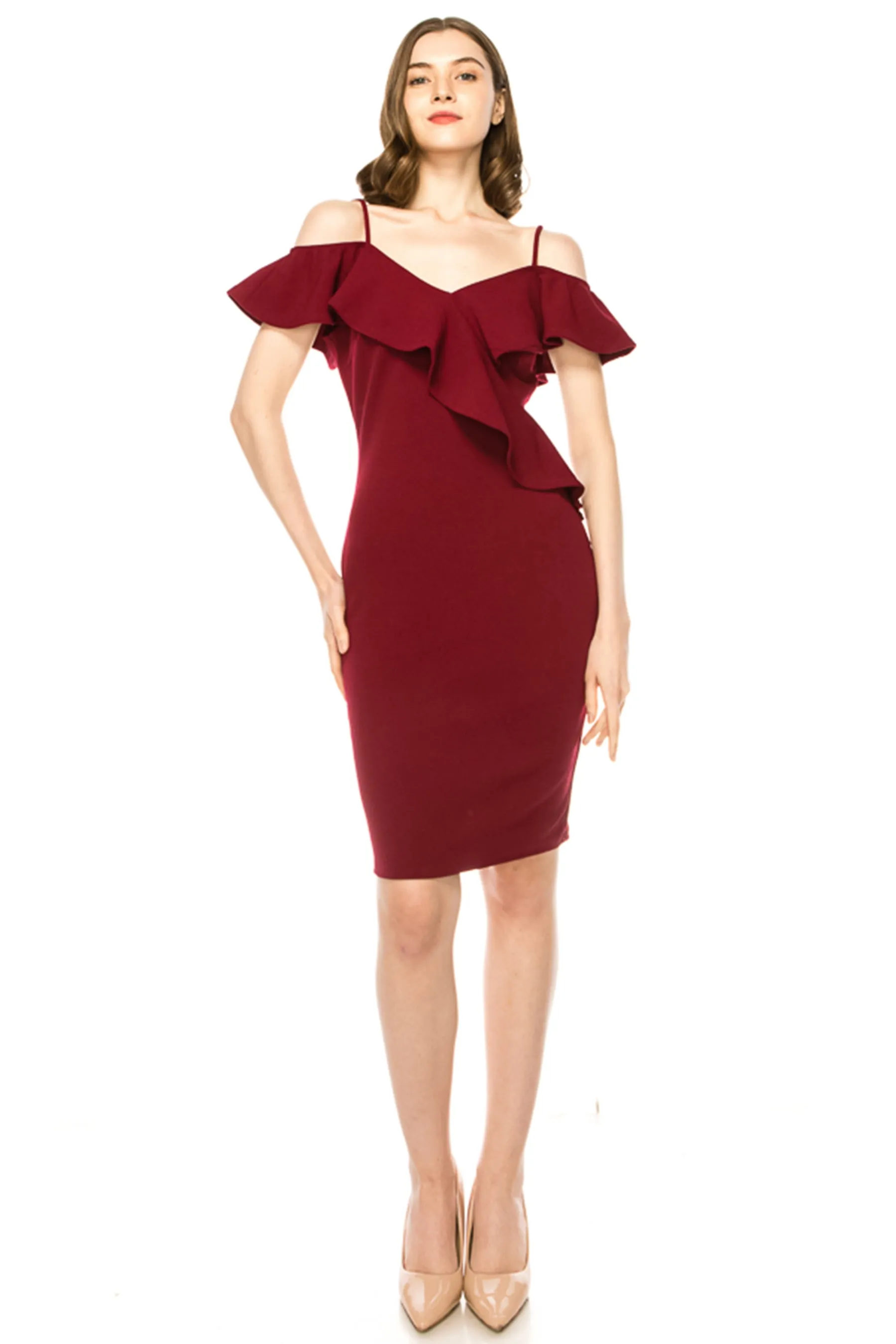 Women's Off Shoulder Ruffle Accent Bodycon Dress